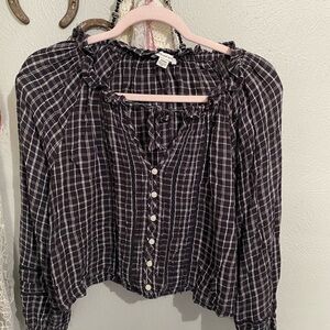 American Eagle Outfitters Checkered Ruffle Blouse - Black and White